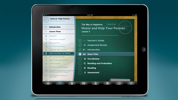 
        Teachers can walk the students through the curriculum laid out in sequence on the chalkboard, where the students can fill out answers to assignments and essays.
    
